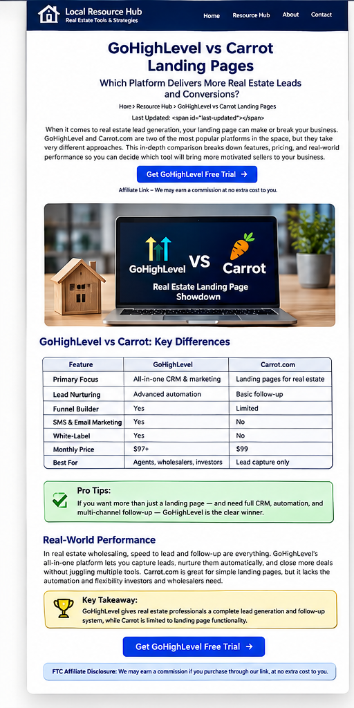 DALL-E generated comparison visual showing GoHighLevel versus Carrot landing pages for real estate lead generation
