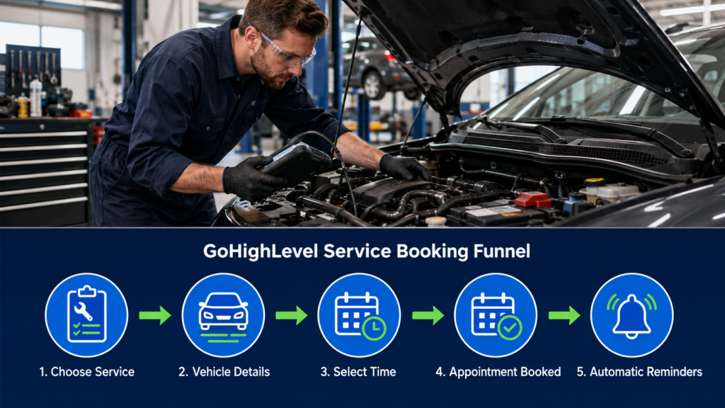 Mechanic looking over a car and a GoHighLevel Service Funnel is below him