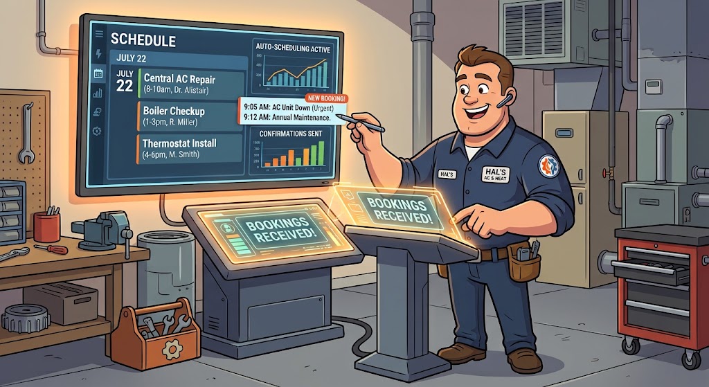 cartoon HVAC guy taking GoHighLevel appointments on autopilot