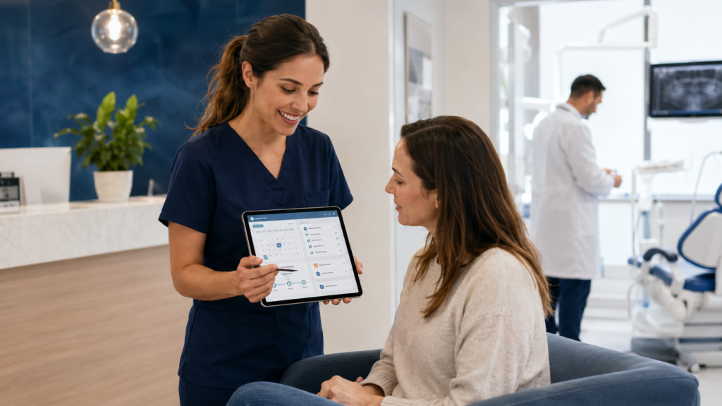 gohighlevel dental patient onboarding snapshot dental patient speaking with a worker holding a tablet