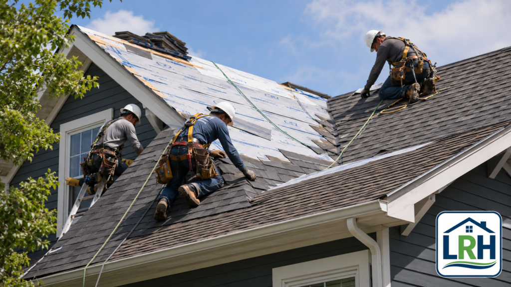 Roofing workers installing shingles with Local Resource Hub logo