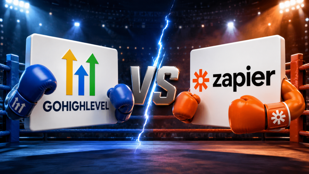 gohighlevel vs zapier in boxing gloves ready to fight